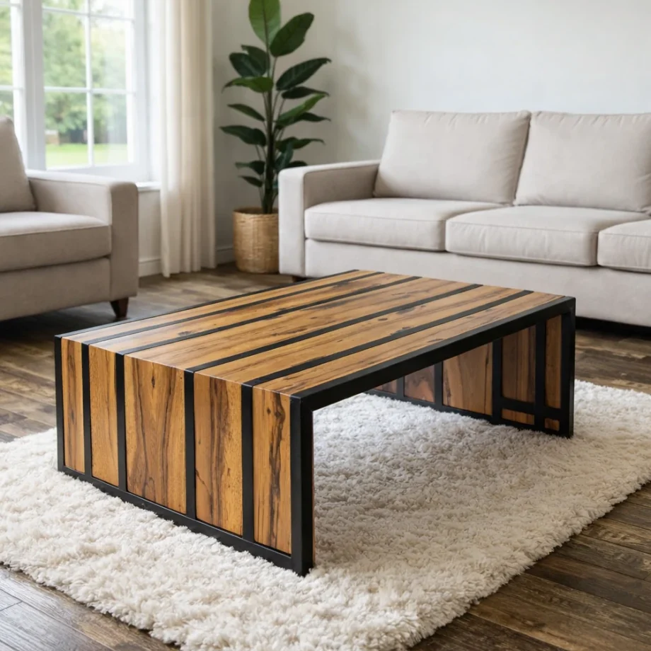 Table basse design Golden Barrel en bois massif dans un salon lumineux avec canapé et décoration moderne